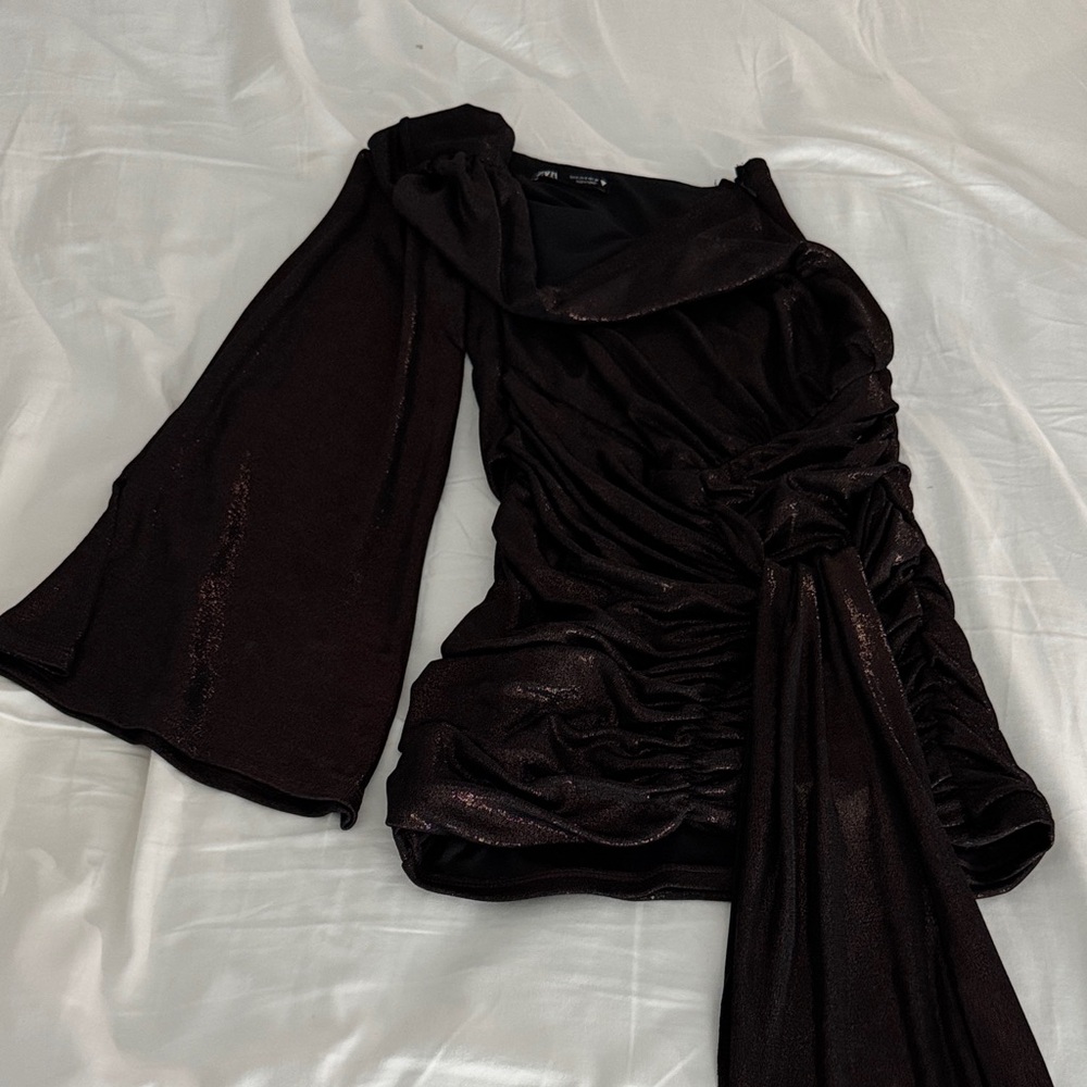 Zara Black One-Shoulder Ruched Dress with Draped Sash
